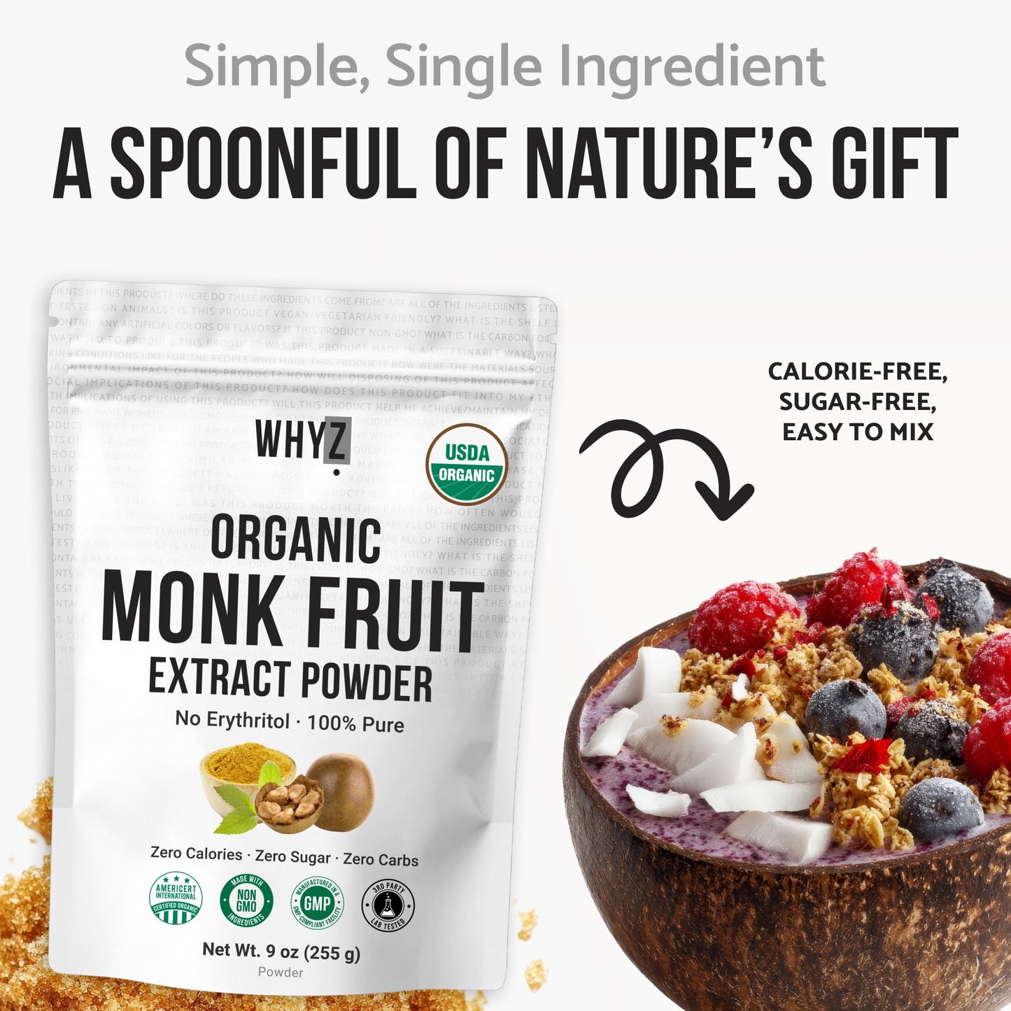 Organic Monk Fruit Extract, 5 oz, Pure Monk Fruit Sweetener Organic No Erythritol and…