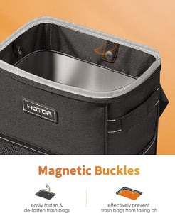 HOTOR Trash Can with Lid and Storage Pockets, 100% Leak-Proof Organizer, Waterproof Garbage Can, Multipurpose Trash Bin for Car - Black