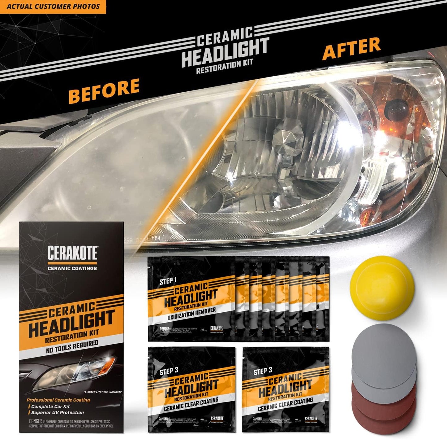 CERAKOTE® Ceramic Headlight Restoration Kit – Guaranteed To Last As Long As You Own Your Vehicle – Brings Headlights back to Like New Condition - 3 Easy Steps - No Power Tools Required
