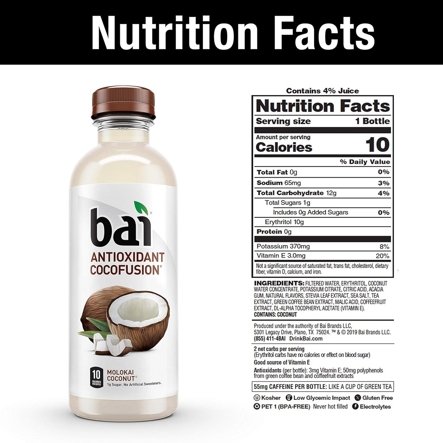 Bai Coconut Flavored Water, Molokai Coconut, Antioxidant Infused Drinks, 18 Fluid Ounce Bottles, (Pack of 12)