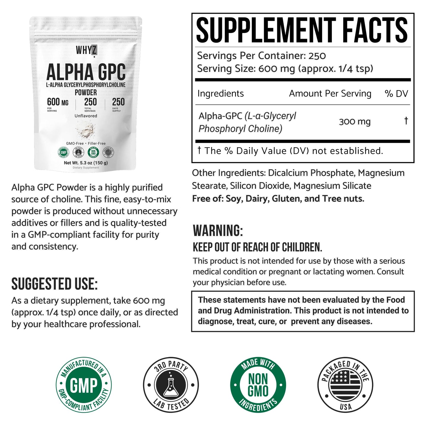 Alpha GPC Powder Alpha-Phosphorylcholine Choline Supplement Unflavored, Fine Powder for…