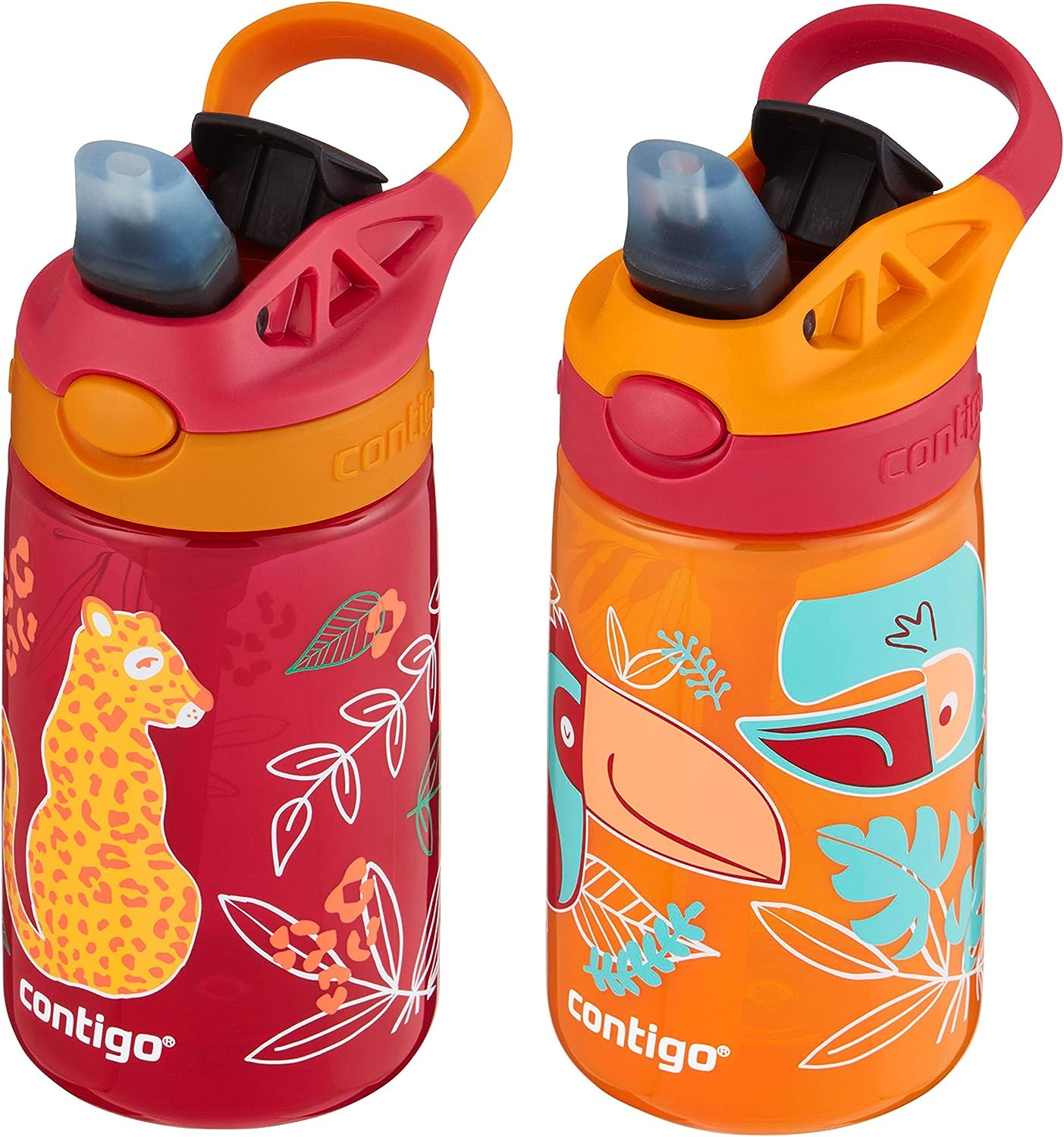 Contigo Aubrey Kids Cleanable Water Bottle with Silicone Straw and Spill-Proof Lid, Dishwasher Safe, 14oz 2-Pack, Cheetah & Toucans