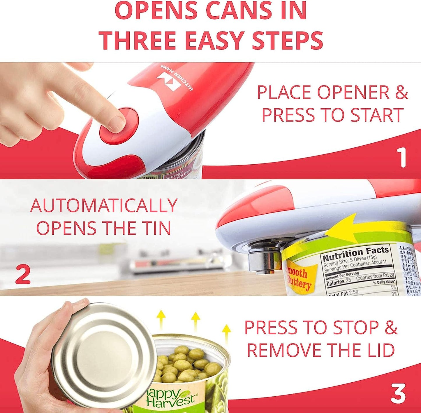 Kitchen Mama Auto Electric Can Opener: Open Your Cans with A Simple Push of Button - Automatic, Hands Free, Smooth Edge, Food-Safe, Battery Operated, YES YOU CAN (Red)
