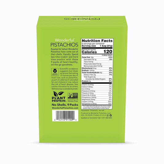 Wonderful Pistachios No Shells, Roasted & Salted Nuts, 0.75 Ounce Bags (Pack of 9), Protein Snack, Carb-Friendly, Gluten Free, On-the-go, Individually Wrapped Snack