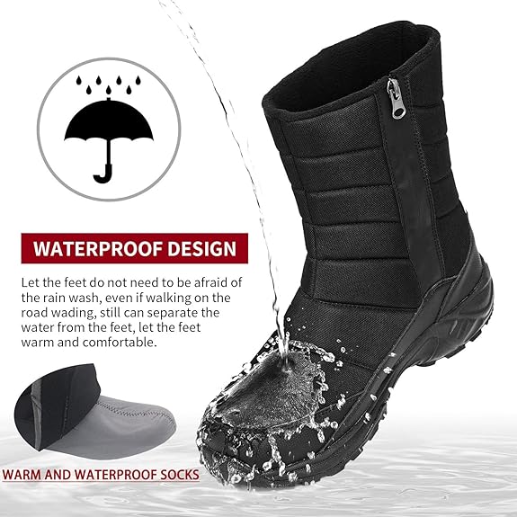 SILENTCARE Mens Winter Mid-Calf Snow Boot Fur Warm Waterproof Slip On Outdoor Athletic