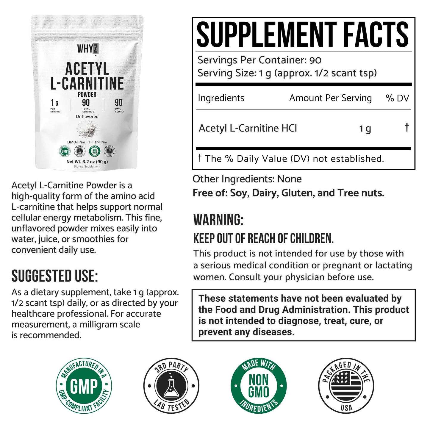Pure Acetyl L-Carnitine Powder (ALCAR) Unflavored Acetyl-L-Carnitine HCl Supplement…