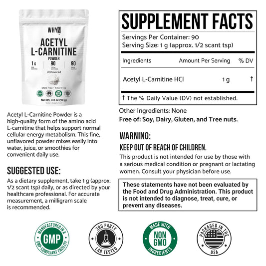 Pure Acetyl L-Carnitine Powder (ALCAR) Unflavored Acetyl-L-Carnitine HCl Supplement…