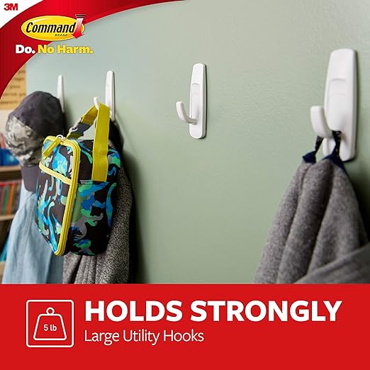 Command Large Utility Hooks, Damage Free Hanging Wall Hooks with Adhesive Strips, Wall Hooks for Hanging Back to School Dorm Organizers, 7 White Hooks and 12 Command Strips