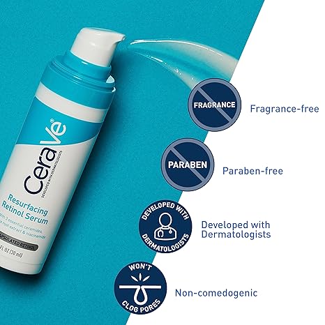 CeraVe Retinol Serum for Post-Acne Marks and Skin Texture | Pore Refining, Resurfacing, Brightening Facial Serum with Retinol and Niacinamide | Fragrance Free, Paraben Free & Non-Comedogenic| 1 Oz