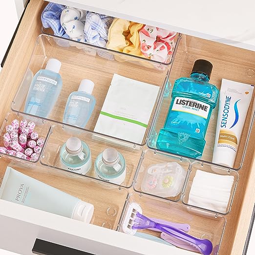 Vtopmart 25 PCS Clear Plastic Drawer Organizers Set, 4-Size Versatile Bathroom and Vanity Drawer Organizer Trays, Storage Bins for Makeup, Bedroom, Kitchen Gadgets Utensils and Offic