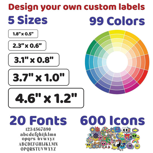 Premium, high quality, personalized, customizable, all-purpose, name and icon labels for school, camp, daycare, clothing, in multiple sizes, 99 colors, 20 fonts, white background, 600 icons