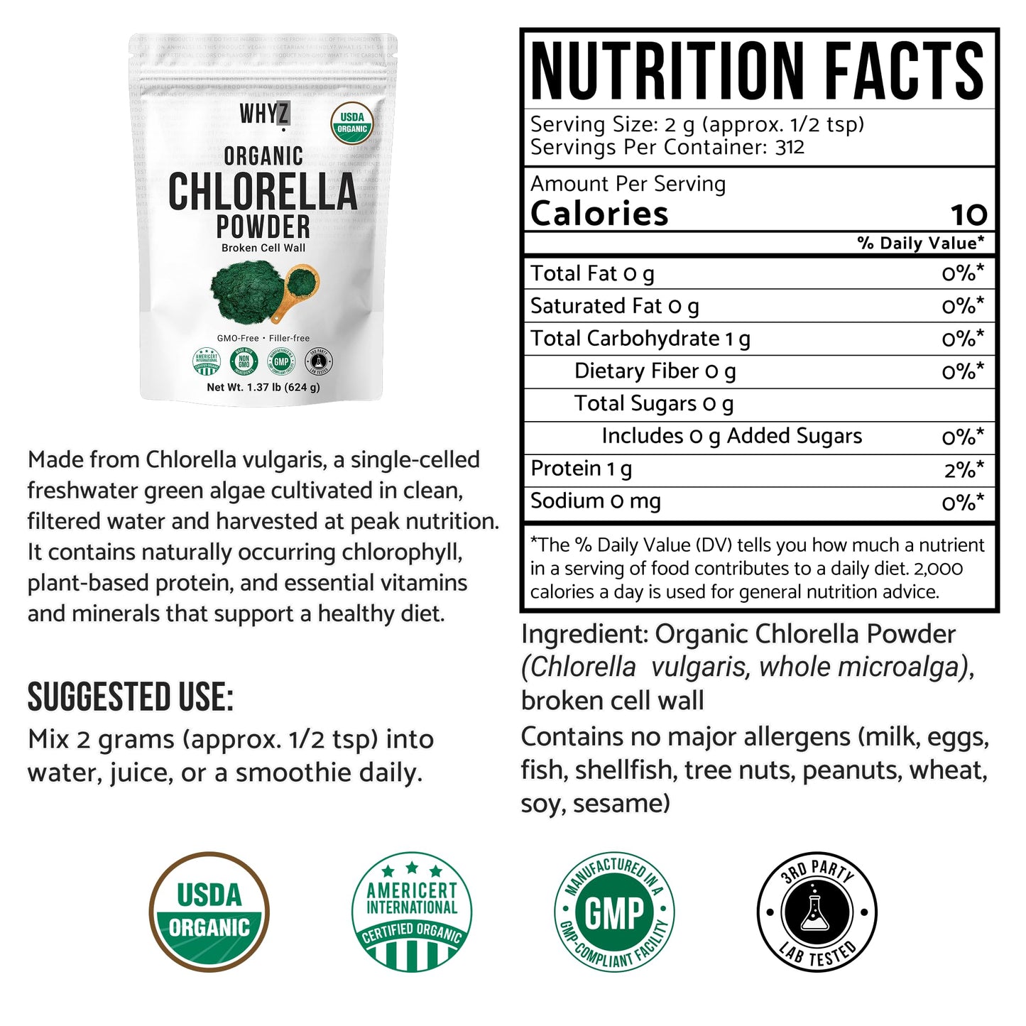 Organic Chlorella Powder, Raw, Premium Superfood Rich in Vegan Protein & Chlorophyll,…