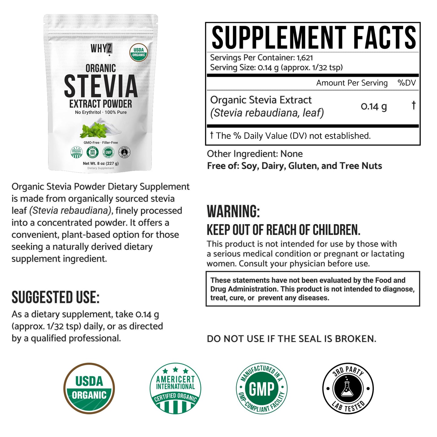 Organic Stevia Powder, 227g, Zero Calorie Pure Stevia Sweetener for Drinks, Powder for…