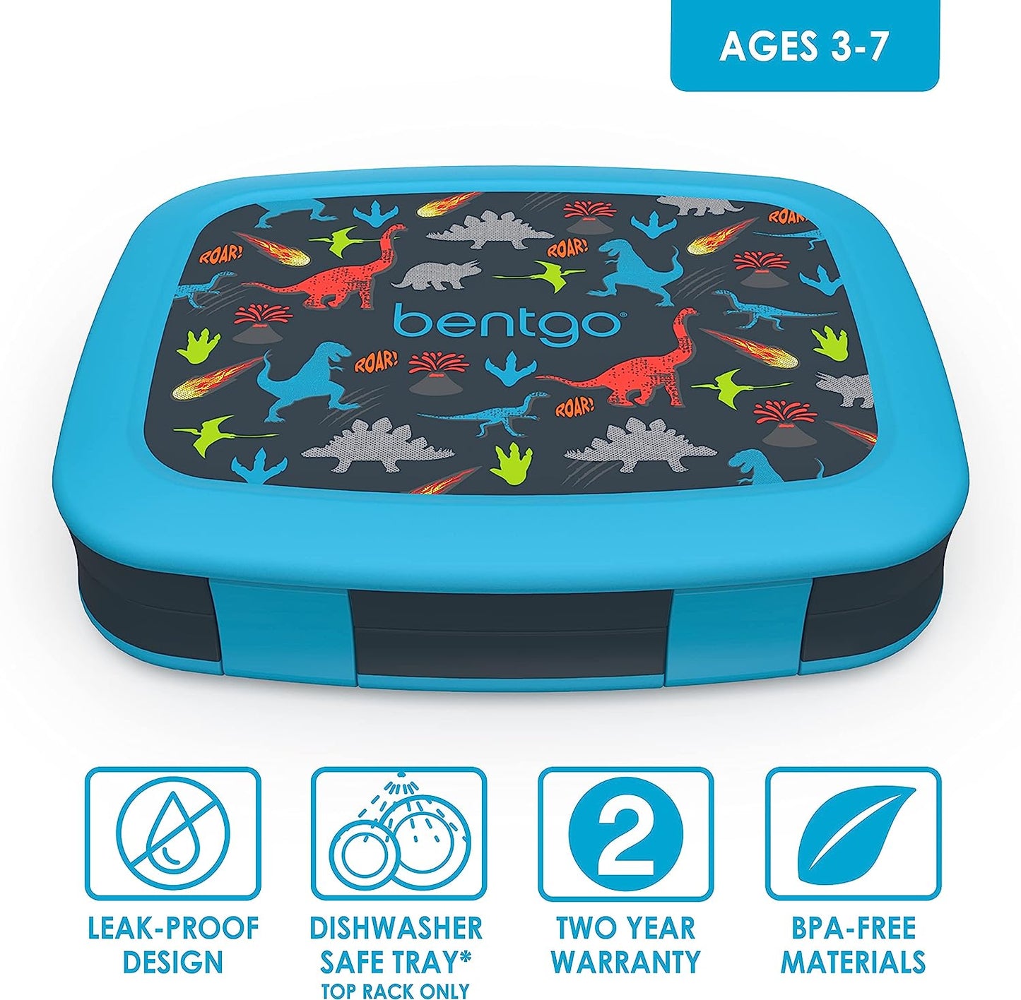 Bentgo® Kids Prints Leak-Proof, 5-Compartment Bento-Style Kids Lunch Box - Ideal Portion Sizes for Ages 3 to 7 - BPA-Free, Dishwasher Safe, Food-Safe Materials (Dinosaur)