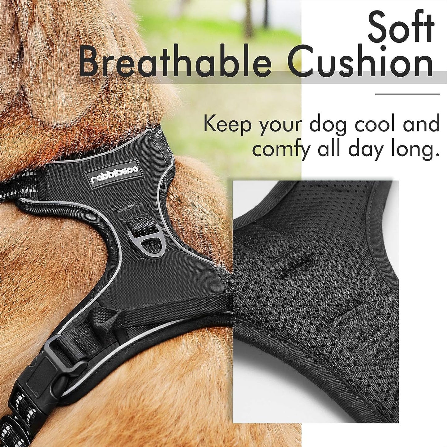 rabbitgoo Dog Harness, No-Pull Pet Harness with 2 Leash Clips, Adjustable Soft Padded Dog Vest, Reflective No-Choke Pet Oxford Vest with Easy Control Handle for Large Dogs, Black, L