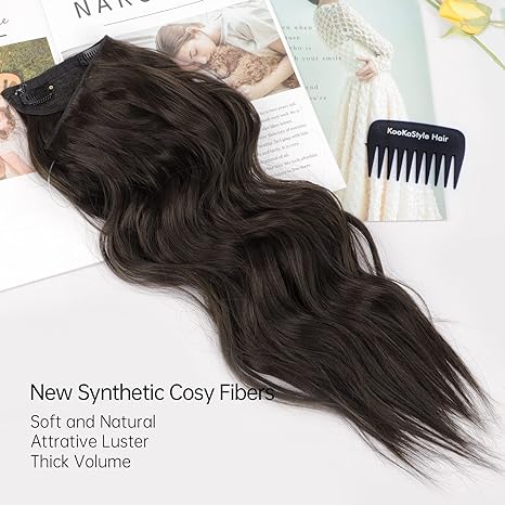 KooKaStyle Invisible Wire Hair Extensions with Transparent Wire Adjustable Size 4 Secure Clips Long Wavy Secret Hairpiece 20 Inch Dark Brown for Women