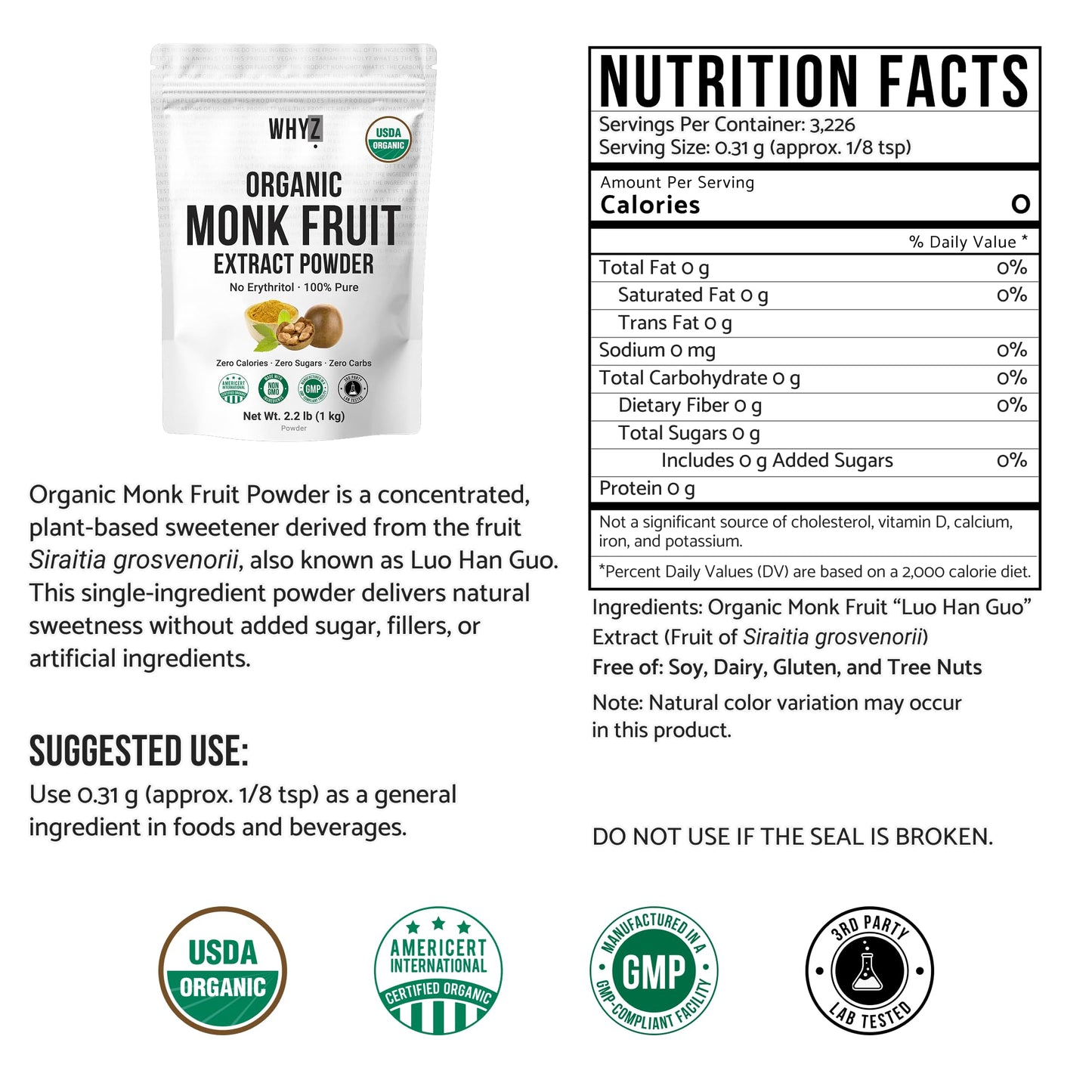 Organic Monk Fruit Extract, 5 oz, Pure Monk Fruit Sweetener Organic No Erythritol and…