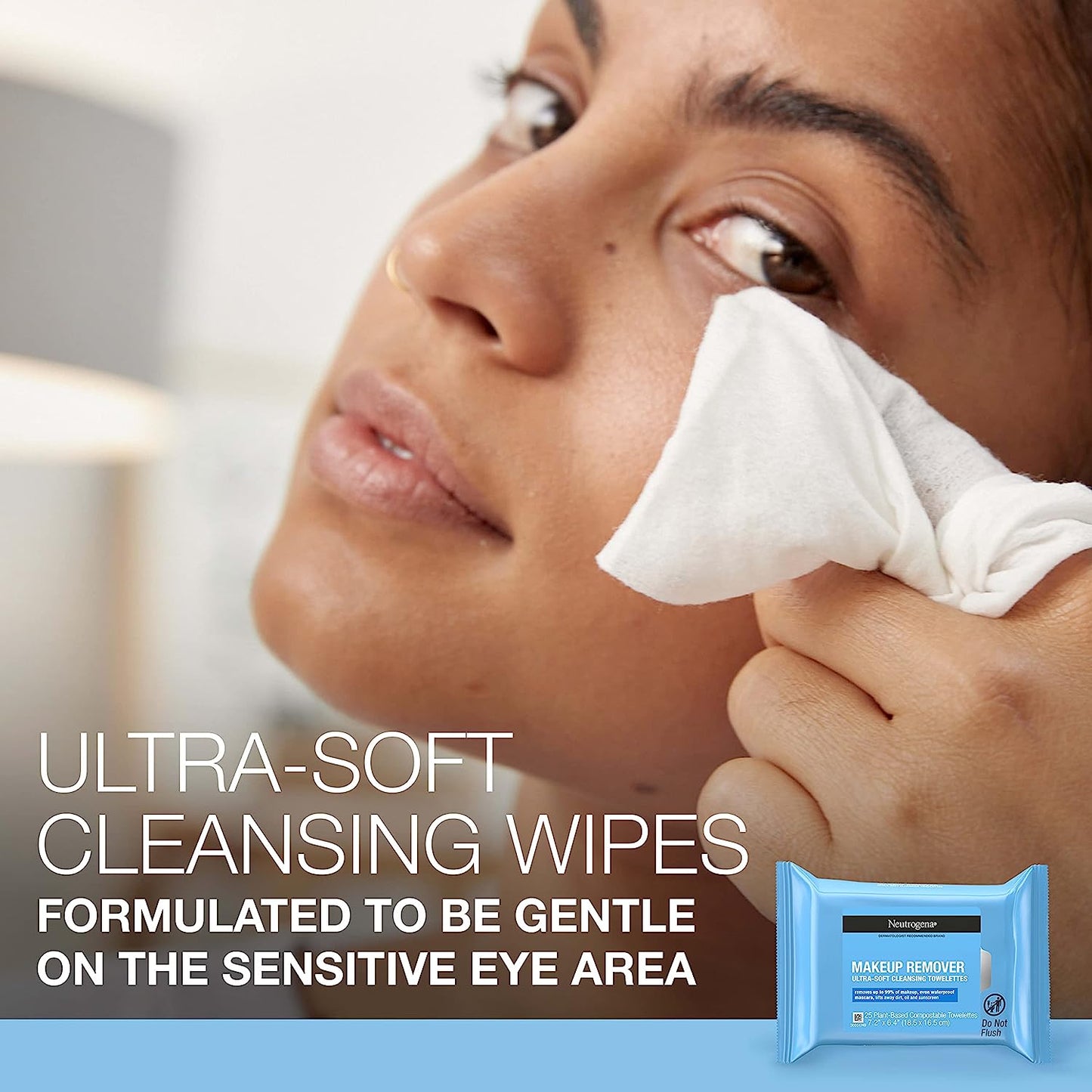 Neutrogena Cleansing Fragrance Free Makeup Remover Face Wipes, Cleansing Facial Towelettes for Waterproof Makeup, Alcohol-Free, Unscented, 100% Plant-Based Fibers, Twin Pack, 2 x 25 ct