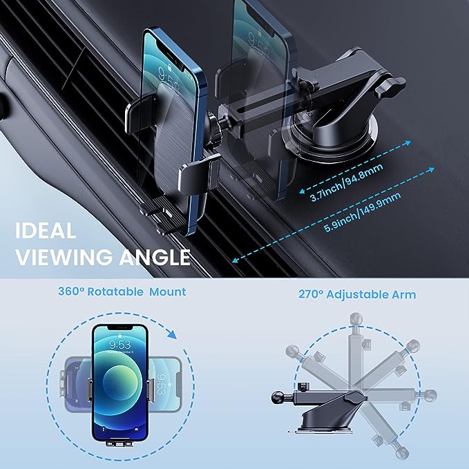 Phone Mount for Car Phone Holder [Military-Grade Suction & Stable Clip]Car Phone Holder Mount Windshield Dashboard Air Vent Universal Cell Phone Automobile Mount Fit For All iPhone Android Smartphones