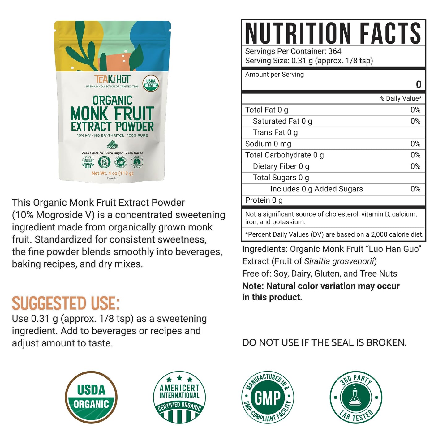 Pure Organic Monk Fruit Extract Powder, No Erythritol 4oz, 100% Monk Fruit Sweetener…
