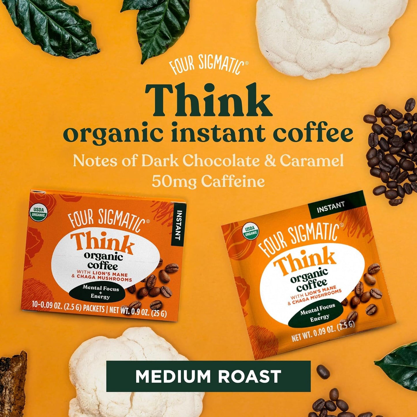 Four Sigmatic Foods Mushroom Instant Coffee, Organic and Fair Trade with Lions Mane, Chaga, & Mushroom Powder, Focus & Immune Support, Paleo, 0.9 Oz - 10 Count (Pack of 1)