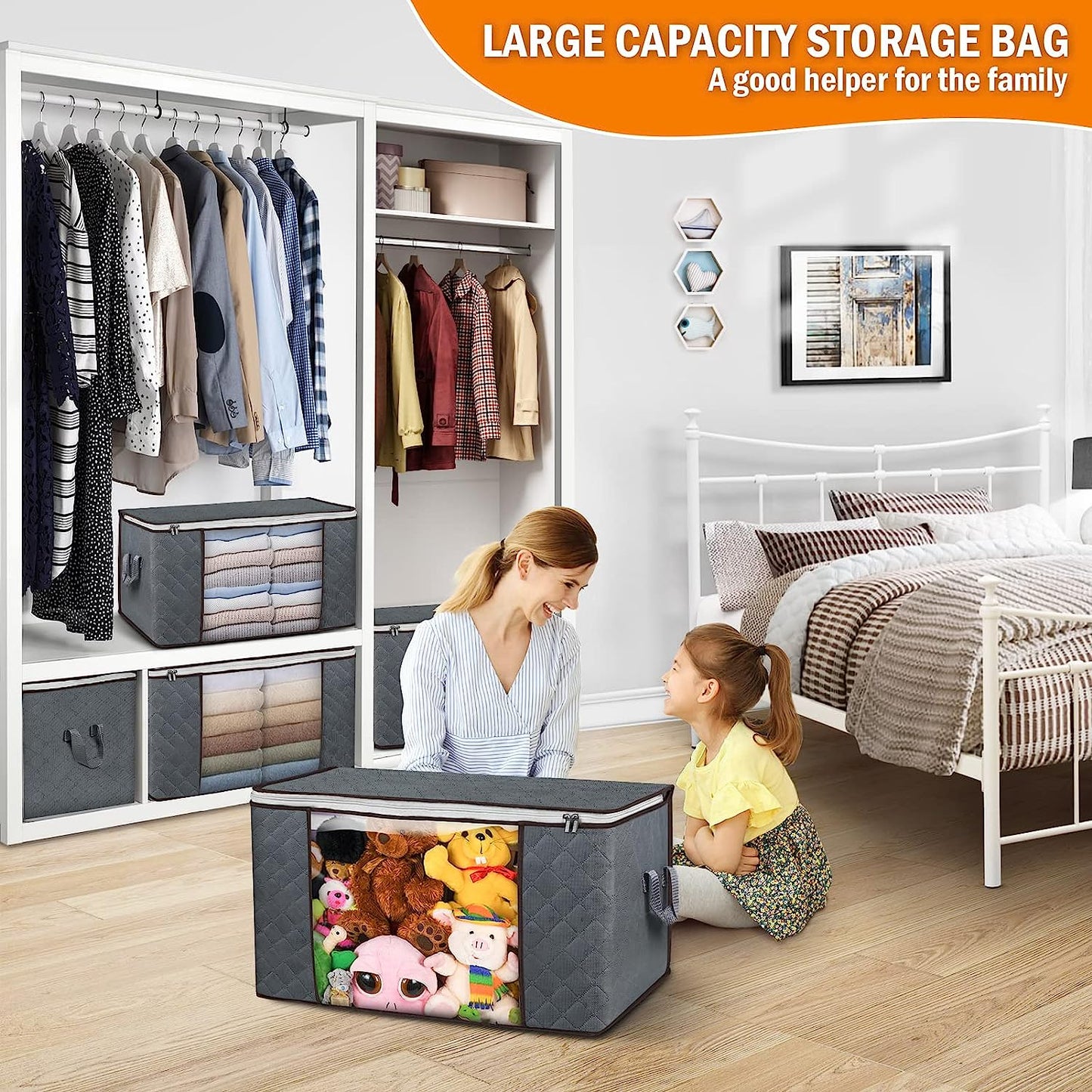 90L Large Storage Bags, 6 Pack Clothes Storage Bins Foldable Closet Organizers Storage Containers with Durable Handle for Clothing, Blanket, Comforters, Bed Sheets, Pillows and Toys (Gray)