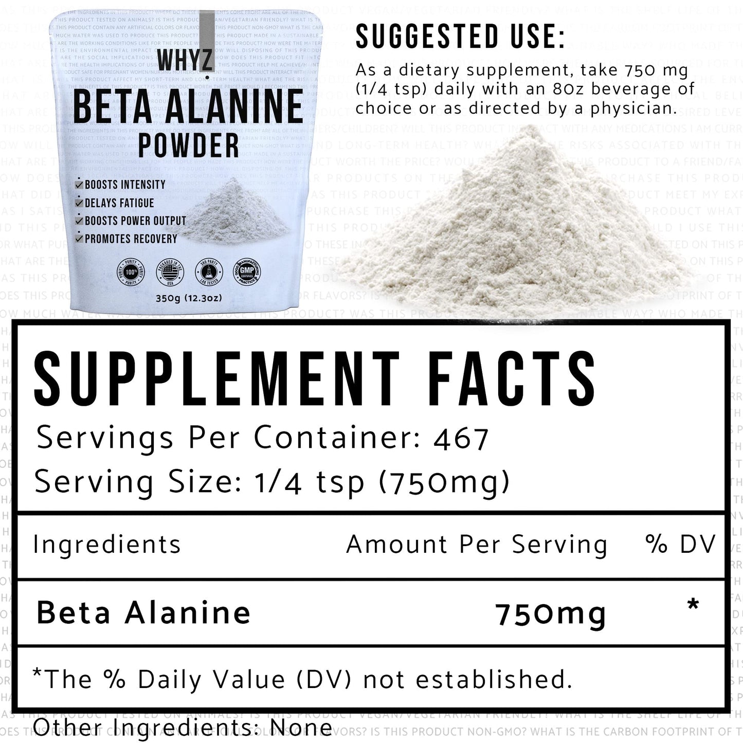 WHYZ Beta Alanine Powder Pure Beta Alanine Pre-Workout Supplement for Sustained Energy,…