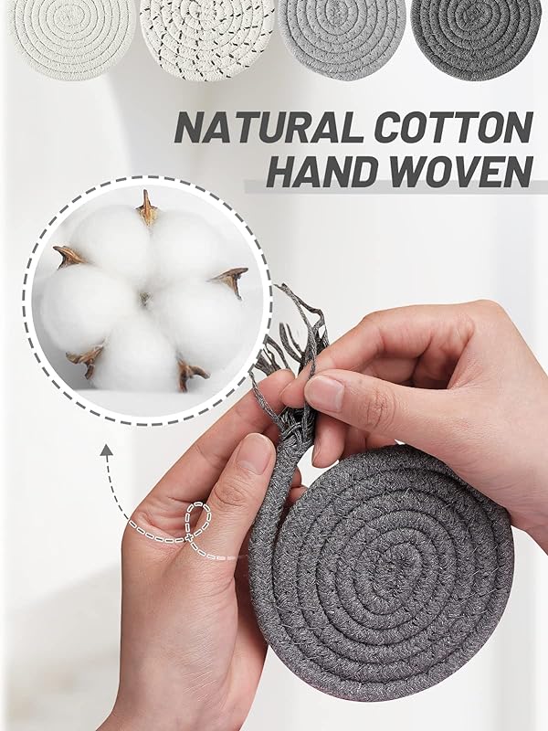 8 Pcs Absorbent Drink Coasters, 4 Styles Handmade BOHO Woven Coasters for Coffee Table, Heat-resistant Modern Cotton Coasters for Kinds of Cups Housewarming (4.3in)
