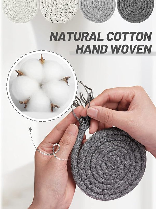 8 Pcs Absorbent Drink Coasters, 4 Styles Handmade BOHO Woven Coasters for Coffee Table, Heat-resistant Modern Cotton Coasters for Kinds of Cups Housewarming (4.3in)