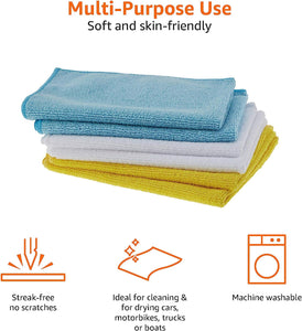 Amazon Basics Microfiber Cleaning Cloth, Non-Abrasive, Reusable and Washable, Pack of 36, Blue/White/Yellow, 16" x 12"