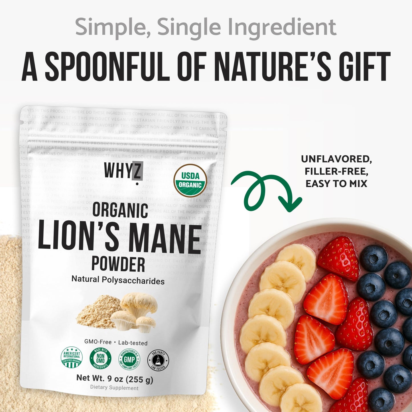Organic Lion’s Mane Mushroom Powder Fruiting Body Superfood Freeze-Dried Unflavored…