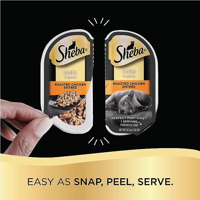 SHEBA PERFECT PORTIONS Cuts in Gravy Adult Wet Cat Food Trays (24 Count, 48 Servings), Roasted Chicken, Gourmet Salmon and Tender Turkey Entrée, Easy Peel Twin-Pack Trays