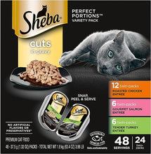 Load image into Gallery viewer, SHEBA PERFECT PORTIONS Cuts in Gravy Adult Wet Cat Food Trays (24 Count, 48 Servings), Roasted Chicken, Gourmet Salmon and Tender Turkey Entrée, Easy Peel Twin-Pack Trays