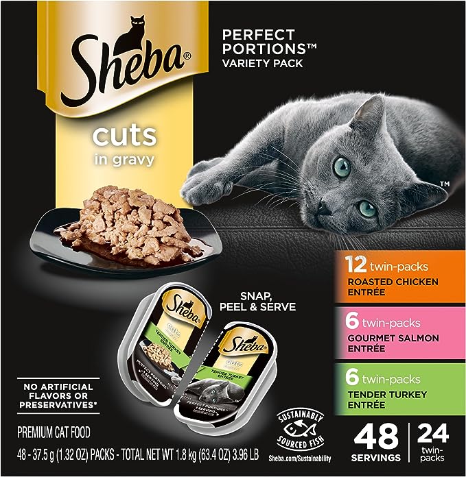 SHEBA PERFECT PORTIONS Cuts in Gravy Adult Wet Cat Food Trays (24 Count, 48 Servings), Roasted Chicken, Gourmet Salmon and Tender Turkey Entrée, Easy Peel Twin-Pack Trays