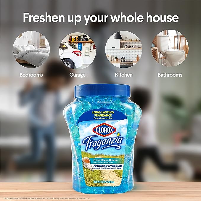 Clorox Fraganzia Air Freshener Crystal Beads Fresh Ocean Breeze 12oz | Long-Lasting Air Freshener Beads 12 Ounces | Easy to Use Vented Jar Air Scent Beads for Homes, Bathrooms, Closets, Car or Office
