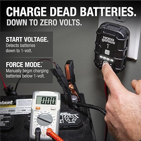 NOCO GENIUS1, 1A Smart Car Battery Charger, 6V and 12V Automotive Charger, Battery Maintainer, Trickle Charger, Float Charger and Desulfator for Motorcycle, ATV, Lithium and Deep Cycle Batteries