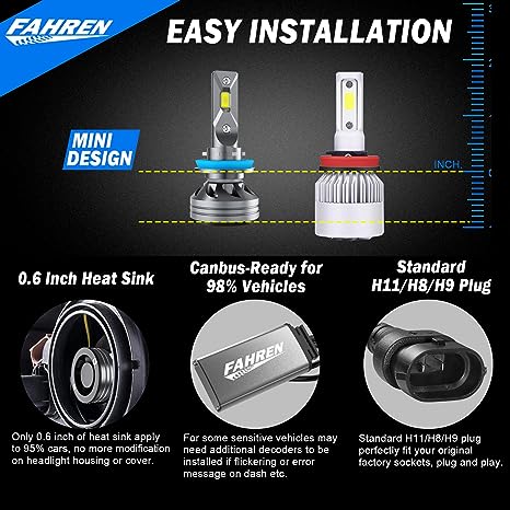 FAHREN H11/H8/H9 LED Headlight Bulbs, 60W 18000LM Ultra Bright LED Headlights Conversion Kit 6500K Cool White IP68 Waterproof, Pack of 2