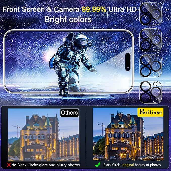 Ferilinso 4 Pack Screen Protector for iPhone 15 Pro with 4 Pack Tempered Glass Camera Lens Protector Phone Case Friendly Ultra Accessories Protector de Pantalla for Apple iPhone 15 Pro