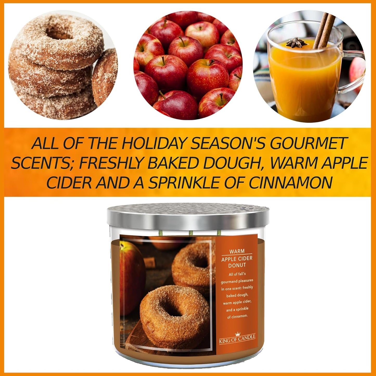 Warm Apple Cider Donut + Cinnamon Sugar | Strong, Large 3 Wick Candle for Winter | Clean Burning, Long Lasting, Highly Scented, Non Toxic Soy Wax | Unique Food Candles for Kitchen Decor | Big 14oz Jar
