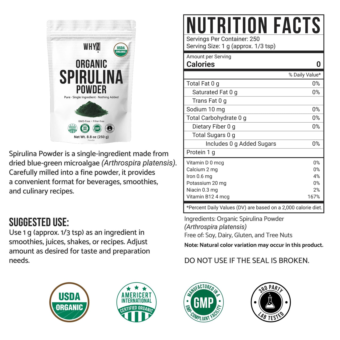 WHYZ Organic Spirulina Powder, 250g, Protein-Rich Spirulina Supplement, Organic Superfood…