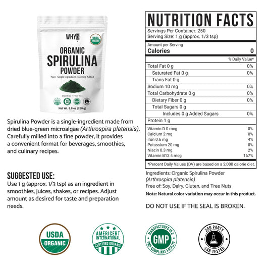 WHYZ Organic Spirulina Powder, 250g, Protein-Rich Spirulina Supplement, Organic Superfood…
