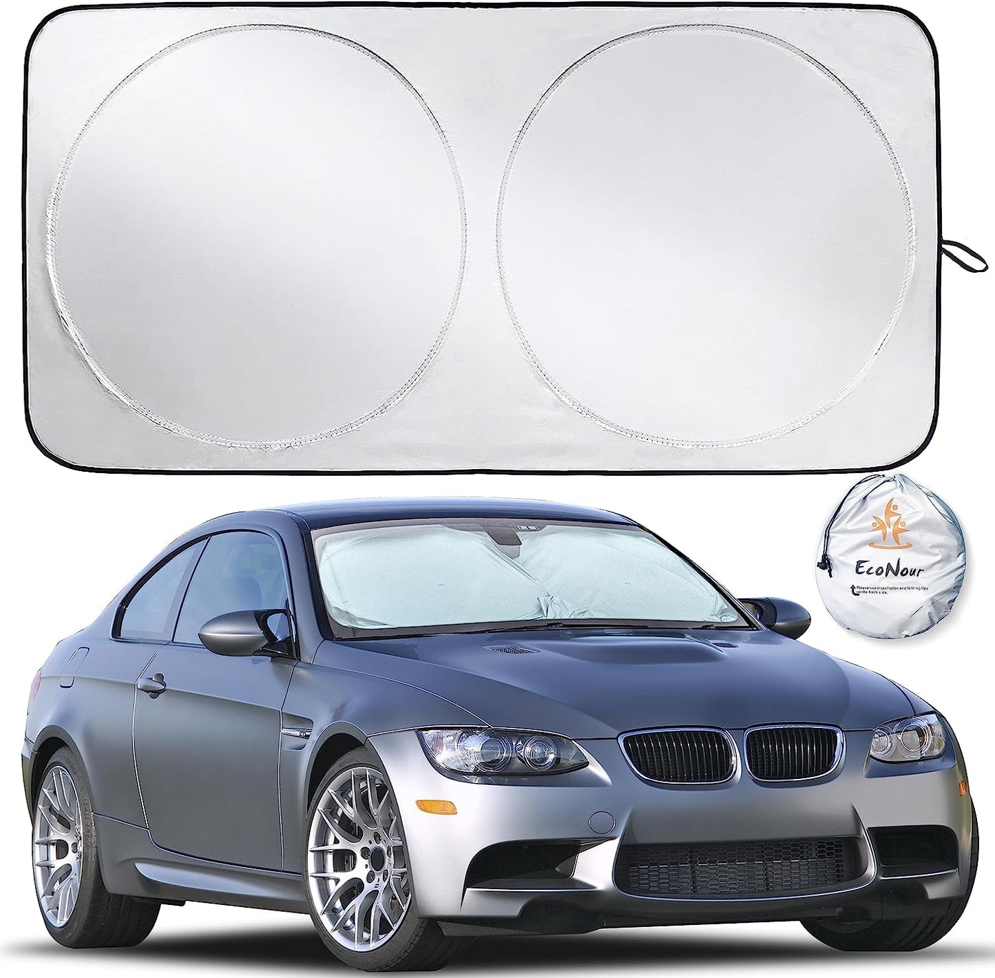 EcoNour Car Windshield Sun Shade, Reflector Sunshade Offers Ultimate Protection for Car Interior, Cool Car Reflective Sun Blocker Fits Small Sedans, Mini SUVs, & Hatchbacks, Medium (64 in x32 in)