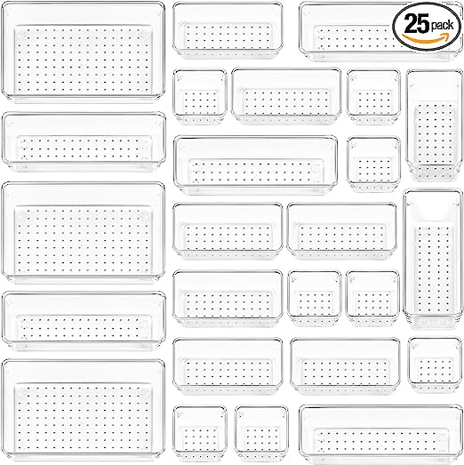 Vtopmart 25 PCS Clear Plastic Drawer Organizers Set, 4-Size Versatile Bathroom and Vanity Drawer Organizer Trays, Storage Bins for Makeup, Bedroom, Kitchen Gadgets Utensils and Offic