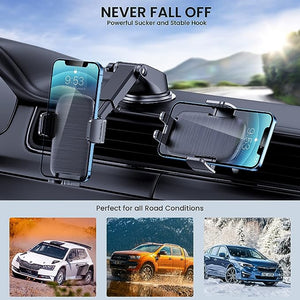 Phone Mount for Car Phone Holder [Military-Grade Suction & Stable Clip]Car Phone Holder Mount Windshield Dashboard Air Vent Universal Cell Phone Automobile Mount Fit For All iPhone Android Smartphones