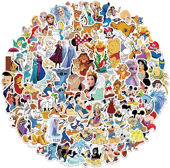 100Pcs Kids Disney Stickers Pack Princess Stickers Cute Cartoon Characters Stickers Cartoon Movie Decal Childrens Decorative Sticker for Kids Teens Adults Waterproof Vinyl Princess Stickers for Water Bottle Laptop Luggage (Cartoon Characters)