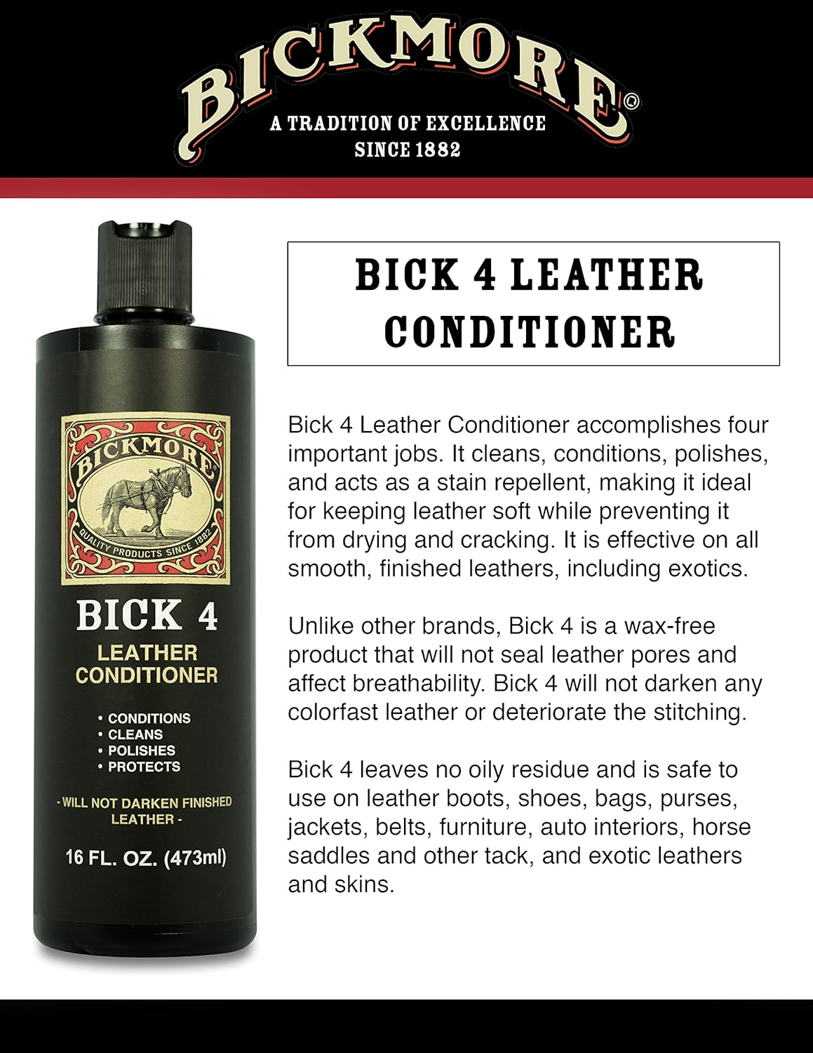 Bickmore Bick 4 Leather Conditioner 16 Fl Oz - Best Since 1882 - Cleaner & Conditioner - Restore Polish & Protect All Smooth Finished Leathers