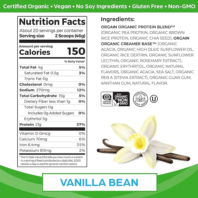 Orgain Organic Vegan Protein Powder, Vanilla Bean - 21g Plant Based Protein, Gluten Free, Dairy Free, Lactose Free, Soy Free, No Sugar Added, Kosher, For Smoothies & Shakes - 2.03lb