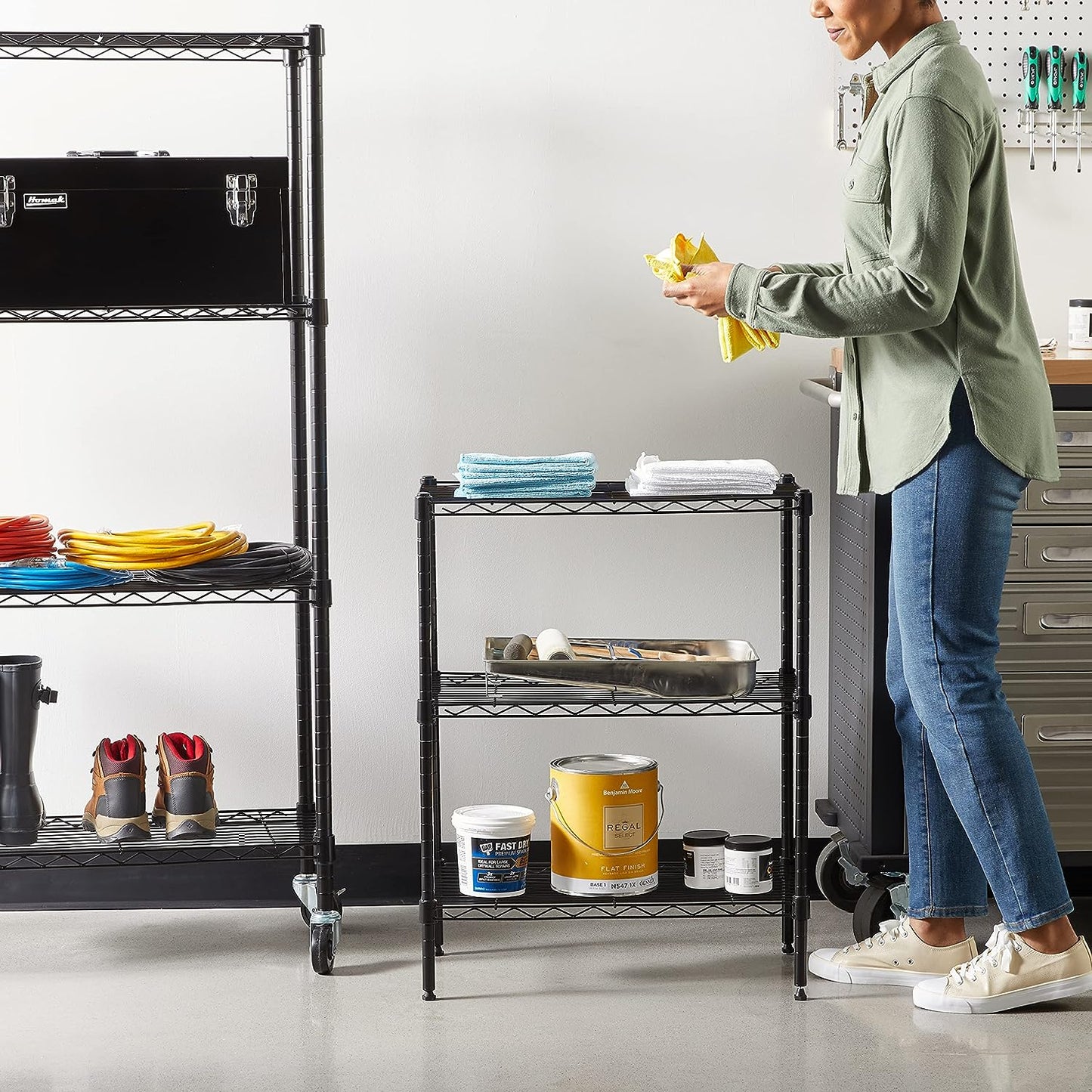 Amazon Basics 3-Shelf Narrow Adjustable, Heavy Duty Storage Shelving Unit (250 lbs loading capacity per shelf), Steel Organizer Wire Rack, Black, 23.2"L x 13.4"W x 30"H