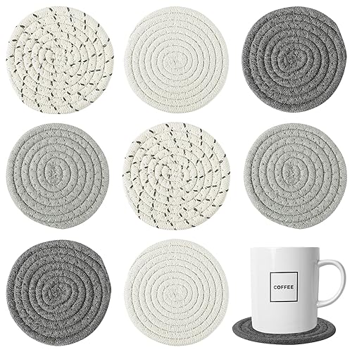 8 Pcs Absorbent Drink Coasters, 4 Styles Handmade BOHO Woven Coasters for Coffee Table, Heat-resistant Modern Cotton Coasters for Kinds of Cups Housewarming (4.3in)