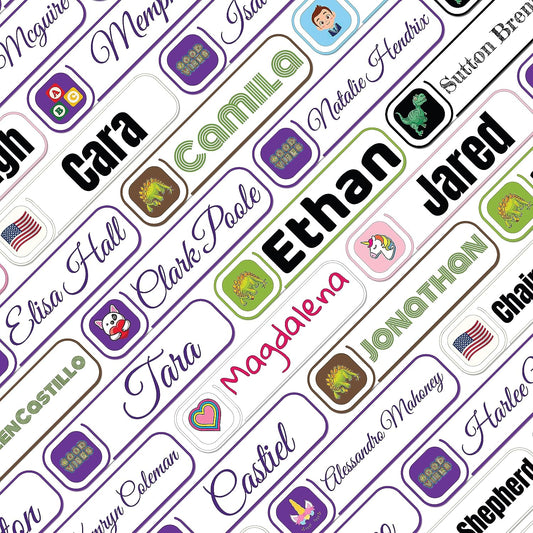 Premium, high quality, personalized, customizable, all-purpose, name and icon labels for school, camp, daycare, clothing, in multiple sizes, 99 colors, 20 fonts, white background, 600 icons
